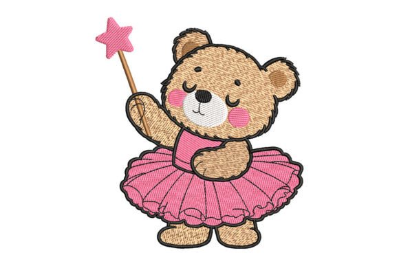 Adorable Teddy Bear Girl in Dress Embroidery