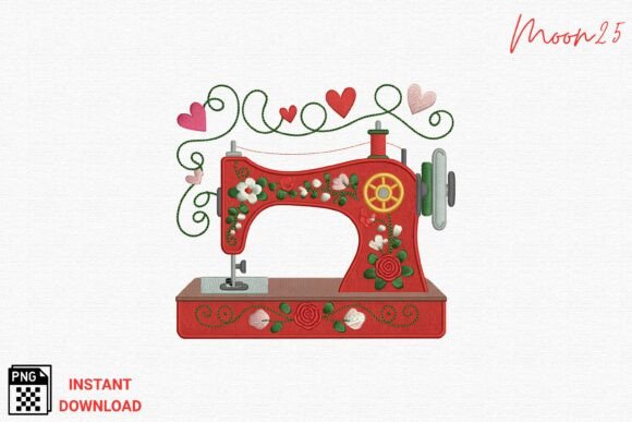 Charming Floral Red Sewing Machine Embroidery PNG