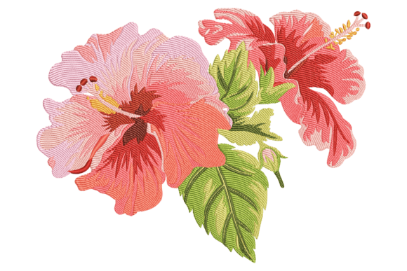 Charming Red Hibiscus Flowers Embroidery