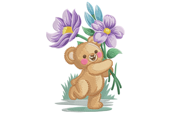 Charming Teddy Bear with Flowers Embroidery