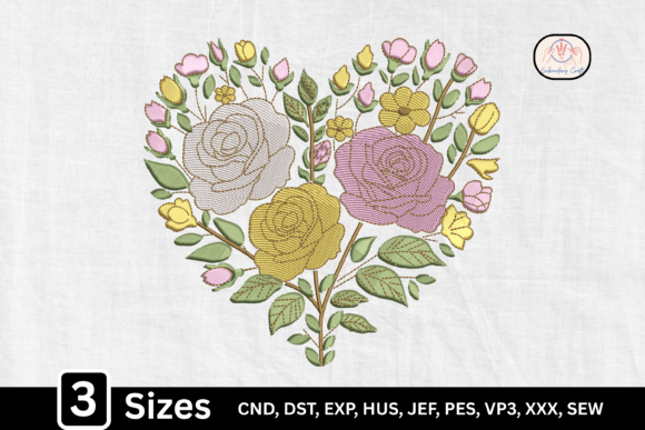 Pastel Flower Roses Heart: A Charming Embroidery Design