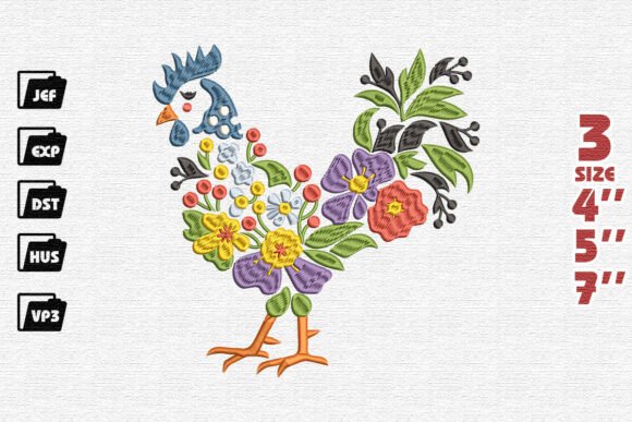 Whimsical Floral Rooster for Holiday Embroidery